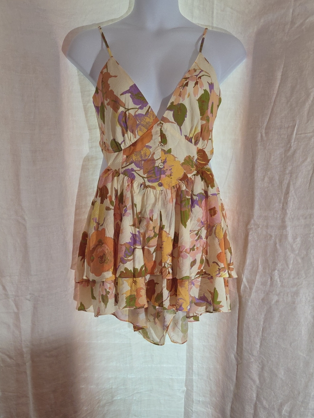 Fashion Nova Cream Floral Tiered Romper with Orange & Purple Blooms